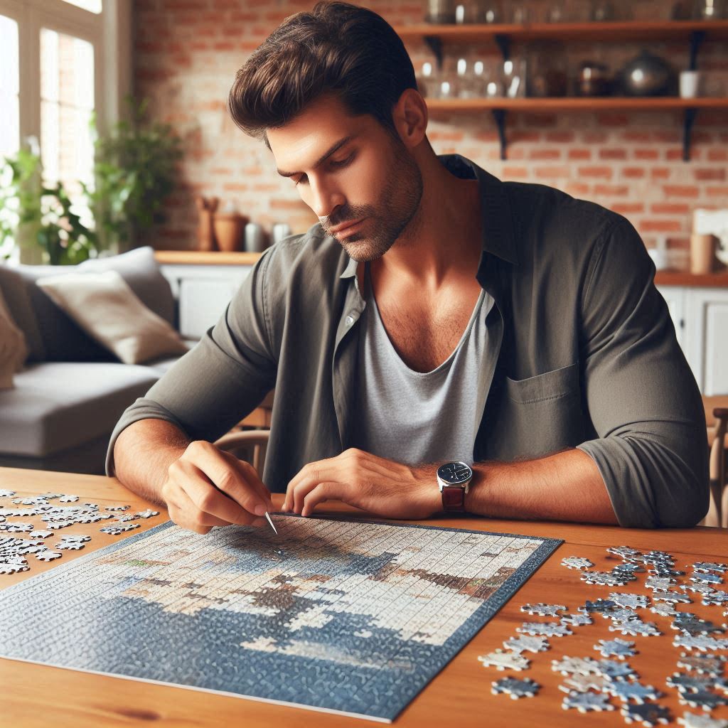 Man putting together a jigsaw puzzle